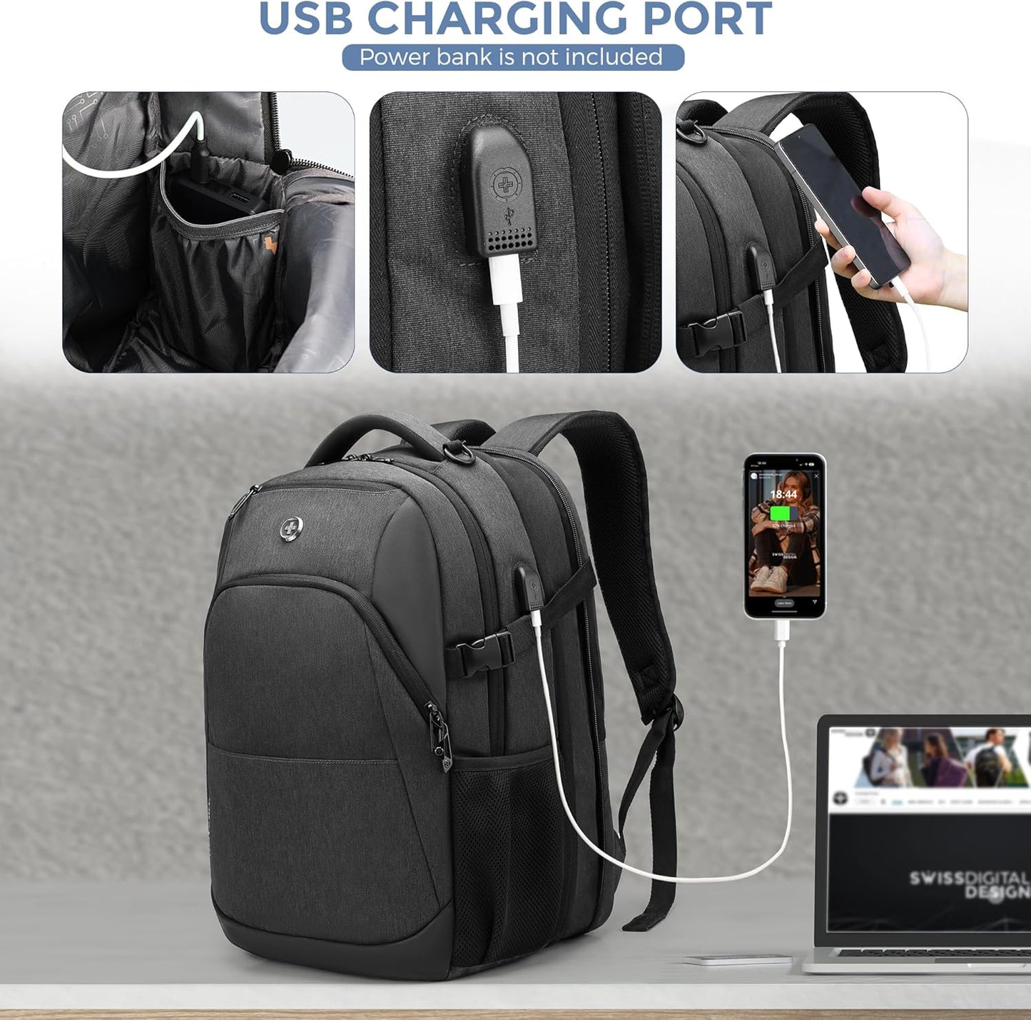 Swissdigital Design Travel Laptop Backpack for Men and Women, 35L Expandable Large College Backpack with USB Charging Port for Fits 17 Inch Notebook, Grey | ANDWIL PRO