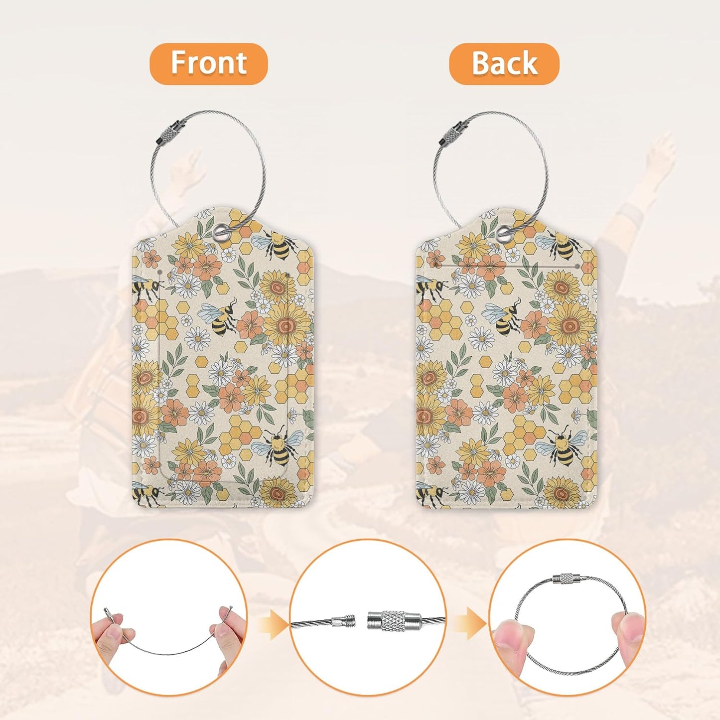 2 Pcs Luggage Tags for Suitcase,Retro 70s 60s Groovy Hippie Flower Bee Luggage Tag Name Id Labels with Privacy Cover for Travel Backpack Women Men