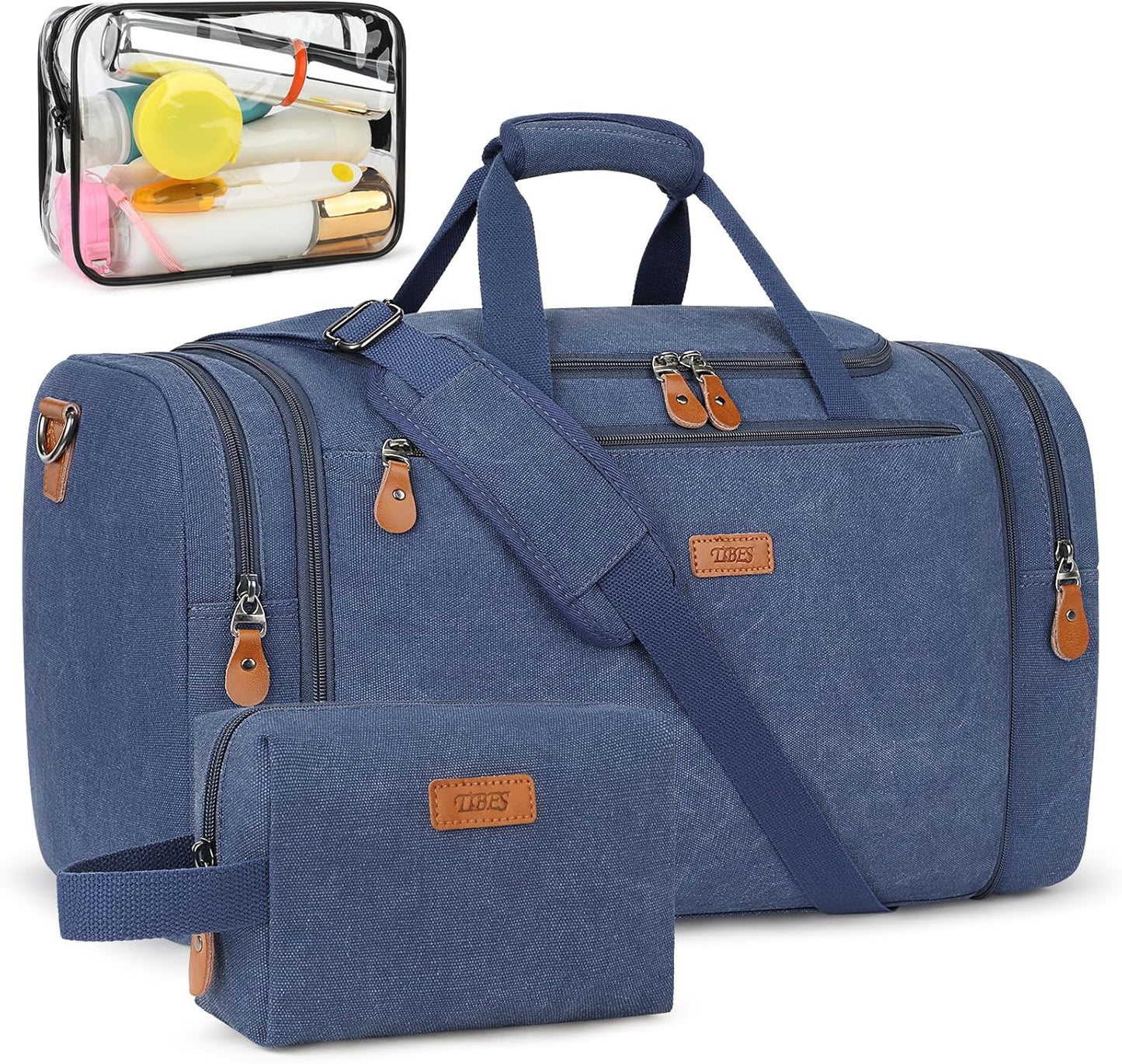 Canvas Mens Duffle Bag for Travel - Expandable 50L Weekender Bags with Toiletry Bag, Overnight Bag Travel Duffel Carry On Luggage with Removable Shoulder Strap, Durable & Water-Resistant