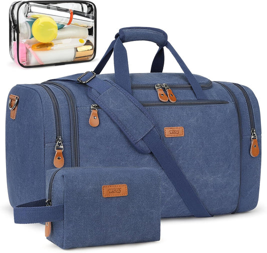 Canvas Mens Duffle Bag for Travel - Expandable 50L Weekender Bags with Toiletry Bag, Overnight Bag Travel Duffel Carry On Luggage with Removable Shoulder Strap, Durable & Water-Resistant
