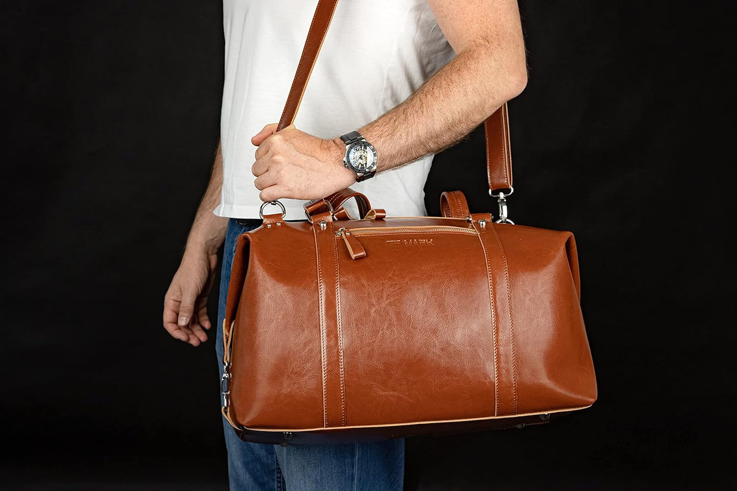 Travel Leather Bag - Genuine Duffel Bag Overnight Weekender for Men & Women (Brown)