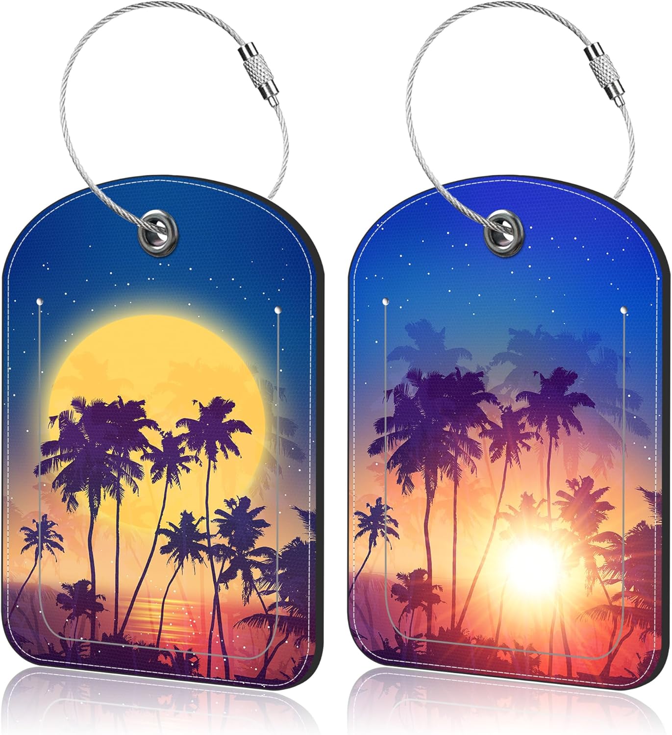 2 Pack PU Luggage Tags for Suitcase, Retro Sunset and Palm Trees Suitcase Tag Leather ID Label Bag Tags with Privacy Cover and Metal Loop for Men Women Travel Bag