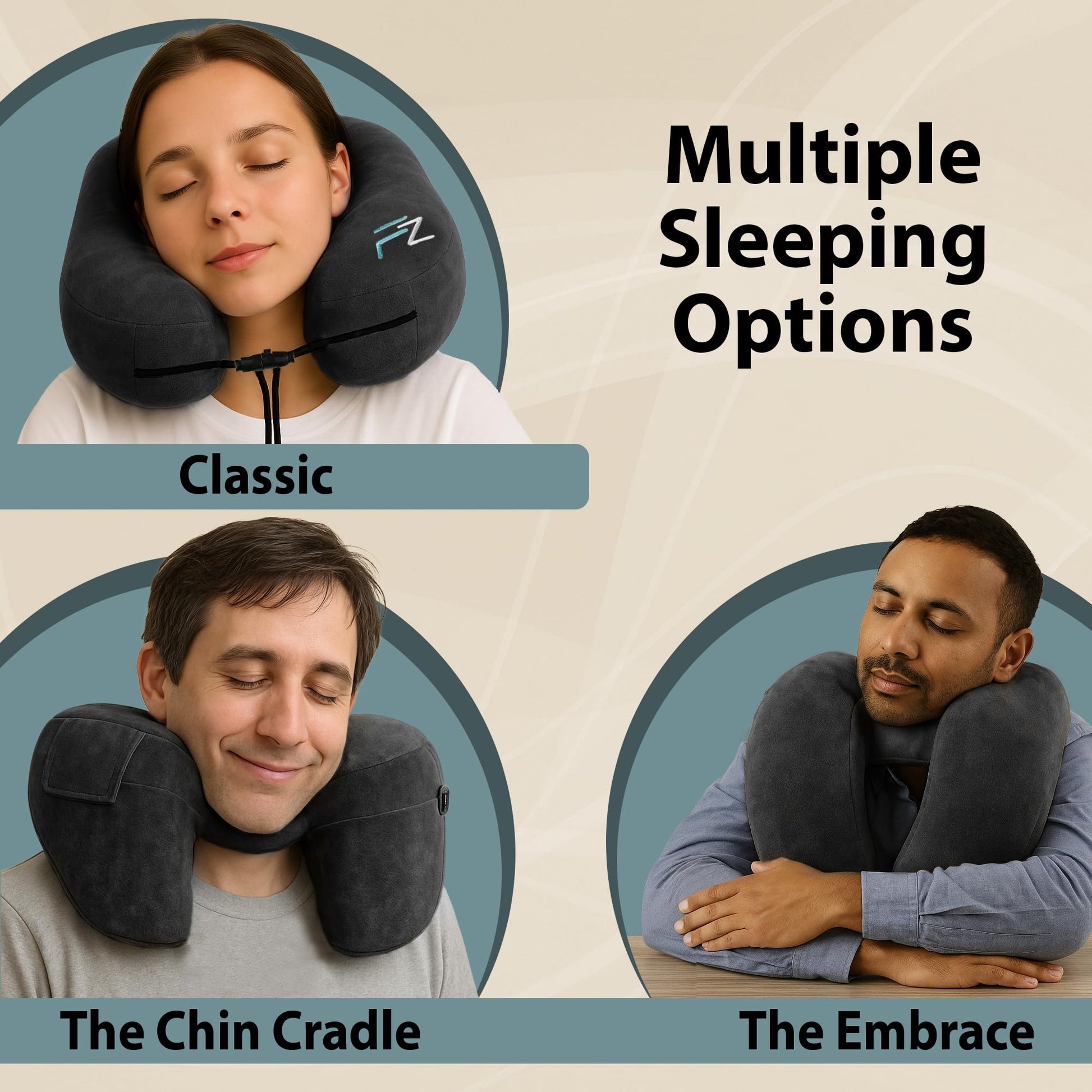 FLOWZOOM Air Inflatable Neck Pillow for Traveling on Plane - H-Shape Hooded Airplane Pillow with 5