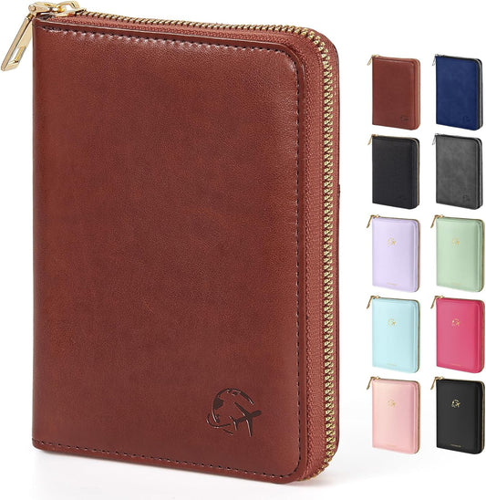 Forvencer Passport Holder Cover with Safe Zipper Closure, Premium Passport Wallet for Travel, Sleek RFID Blocking Card Case, Waterproof Travel Accessories for Men, Brown
