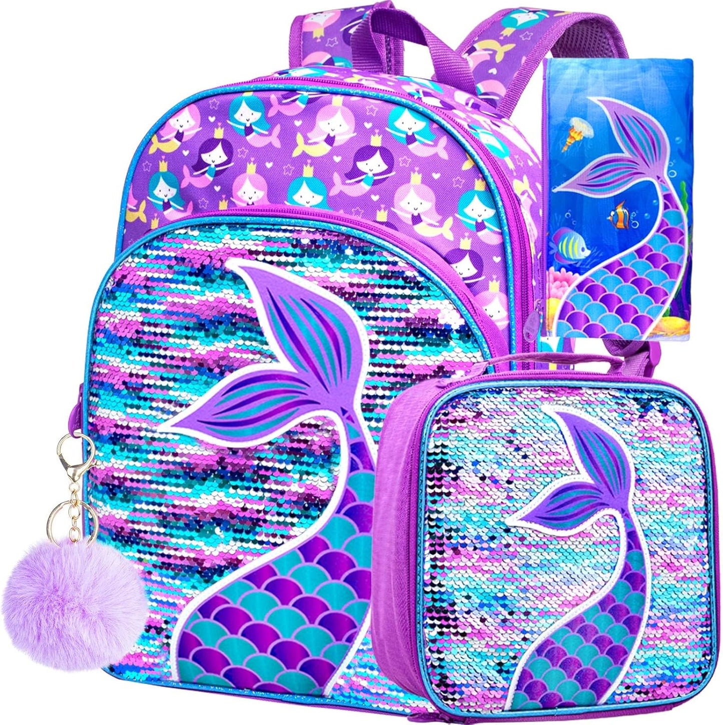3PCS Kids Backpacks for Girls, 16" Little Kid Preschool School Bookbag and Lunch Box - Unicorn/Mermaid/Flamingo