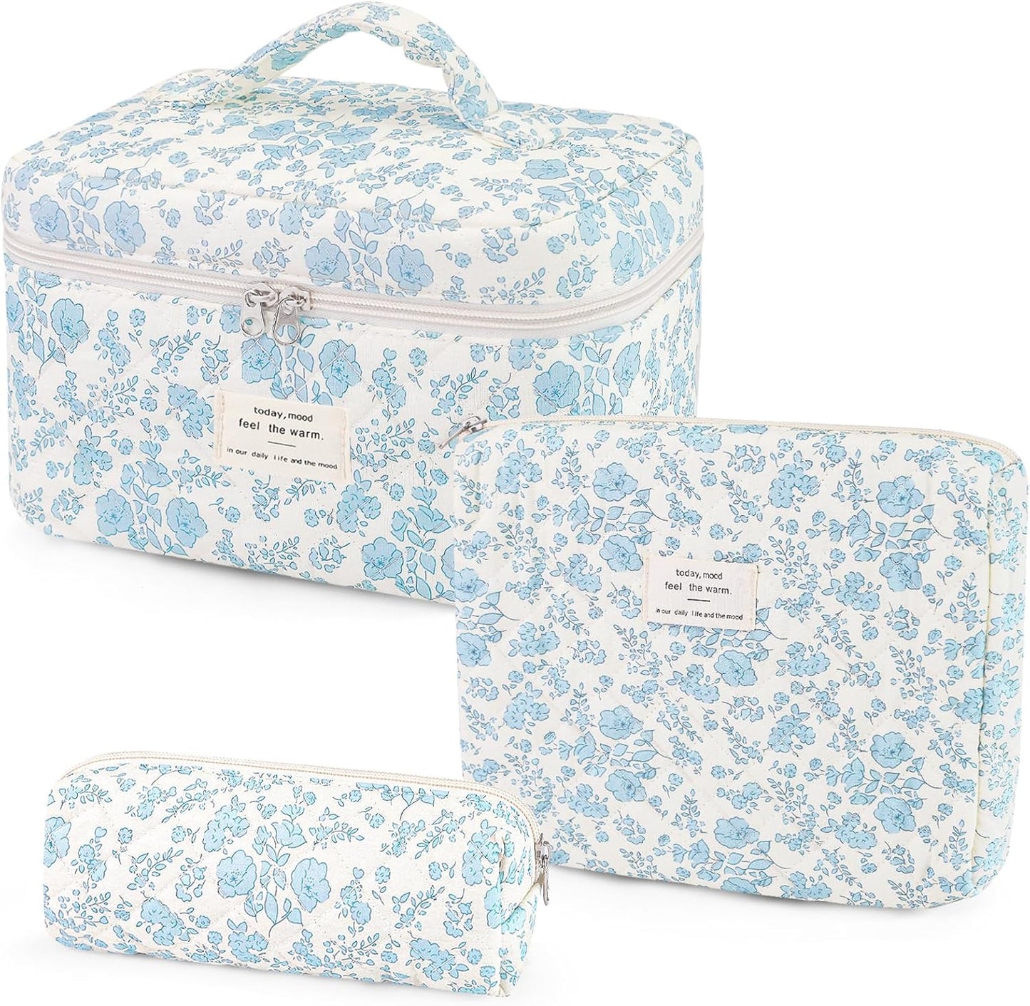 3Pcs Cotton Quilted Makeup Bag for Women Girls, Large Floral Cosmetic Bag Set Cute Makeup Brushes Aesthetic Accessories Storage Bag Travel Toiletry Bag Organizer, Little Flower Blue