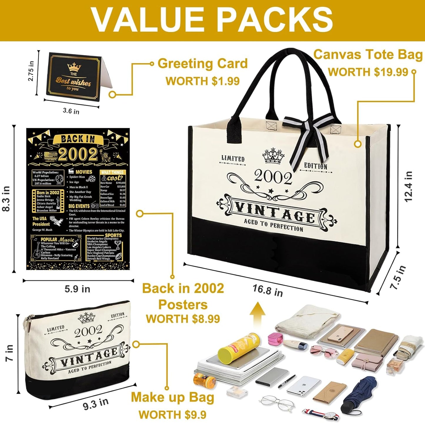YeohJoy 23rd Birthday Gifts for Her Canvas Tote Bag Travel Gear, Unique 23 Years Old Birthday Gifts for Girlfriend Sister Friends Women,Vintage 2002 Handbag & Cosmetic Bag & Back in 2002 Poster