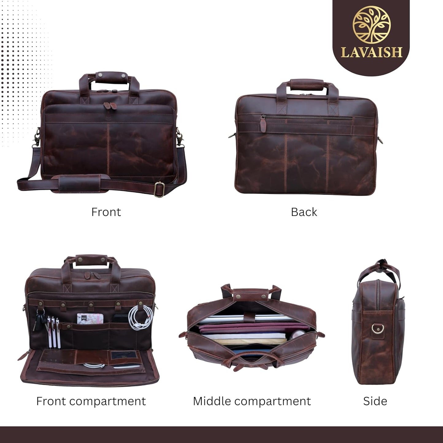 Handmade Full-Grain Leather Briefcase for Men & Women–17" Laptop Bag with Computer Compartment Office Satchel Bag