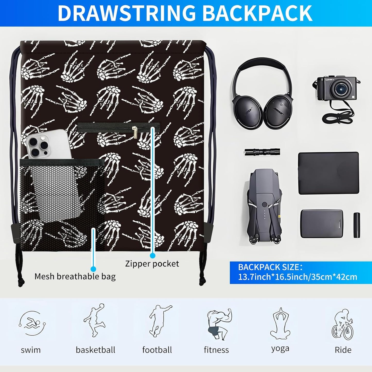 Drawstring Backpack Sports Gym Bag, Large String Swim Bag for Beach With Water Bottle Mesh Pocket, Cute Gym Sack with Zipper Pocket for Men Women Cute Skeleton Fingers