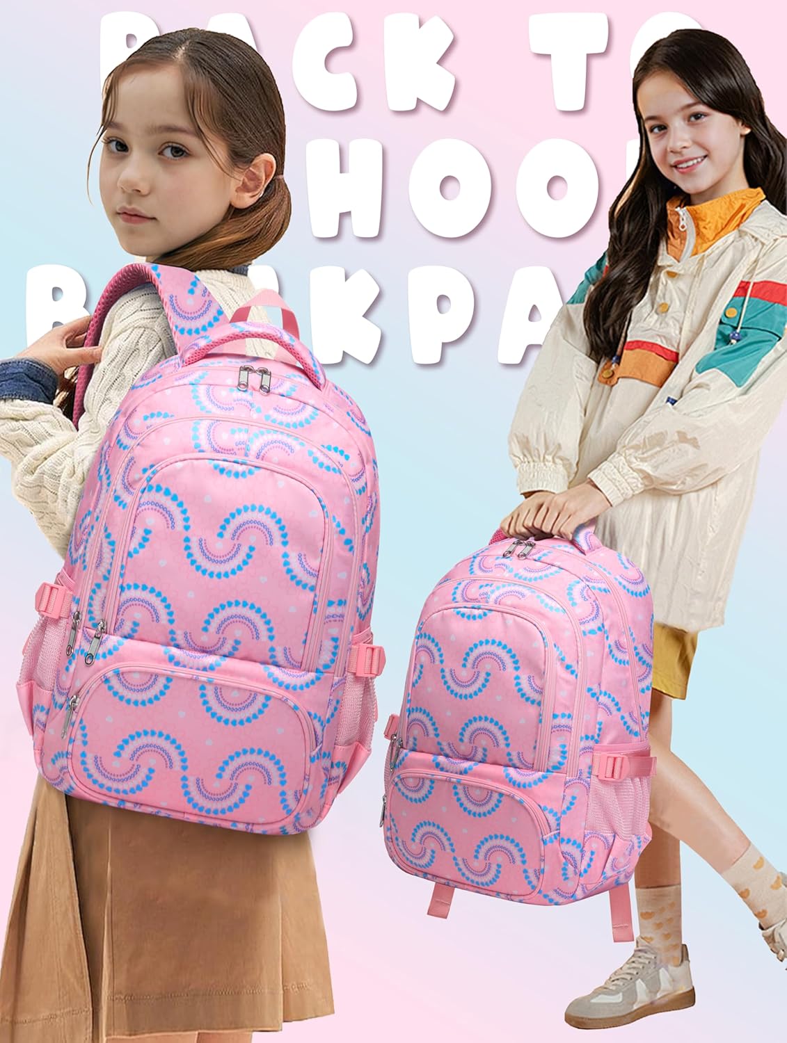 BLUEFAIRY Kids Backpacks for Boys Girls Elementary Primary Middle School Bookbags Back to School Bags for Childs Age 6-8 Mochilas Escolares para Niños Niñas 17 Inch Peach Pink