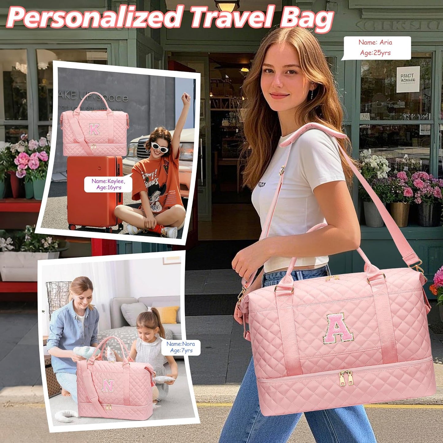 Gifts for Women Girls Initial Travel Duffle Bag Quilted Weekender Carry-On Overnight with Cosmetic Bag, Gym Bag with Shoe Compartment Hospital Bag for Labor Delivery, Pink E