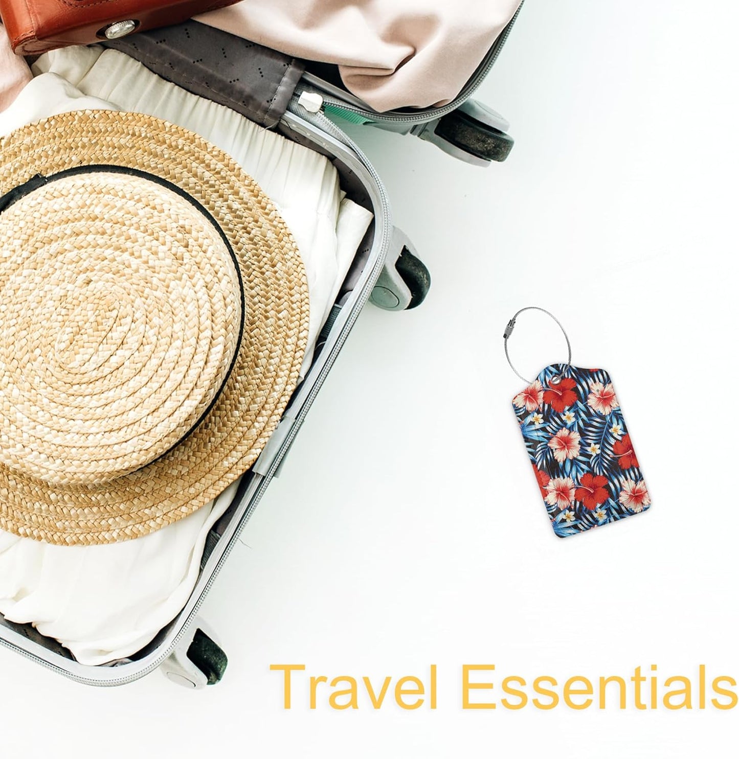 Hawaii Hibiscus Flower Luggage Tags Set of 2 Leather Luggage Tags Privacy Cover Suitcase Label with Stainless Steel Loop for Women/Men Travel,Tropical Palm Leaves