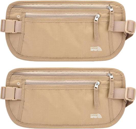 Unisex Money Belt For Men and Women, Slim Passport Holder RFID Blocking Travel Essentials Pouch with Adjustable Strap Small Waist Pouch for Workout Running Travelling Hiking (Beige 2 Packs)