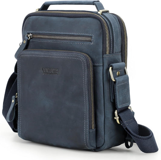 Top Grain Leather 11" Messenger Bag for Man & Woman, Multi Pockets, Fits to 8.3"/10.9" iPad for Daily/School/Business/Travel
