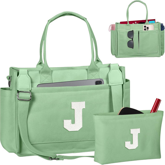 Gifts for Women Teen Girls, Initial Tote Bag with Zipper, Letter Canvas Tote Purse for College Work Laptop Beach