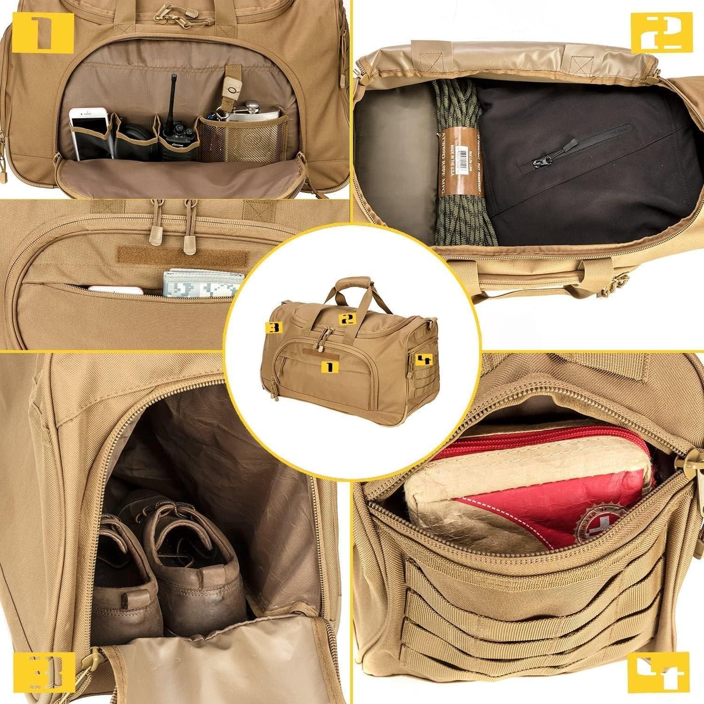 HYKING Gym Bag for Women & Men Tactical Duffle Military Weekender Work Out Lightweight Waterproof Sports Tote Shoe Pocket Tan