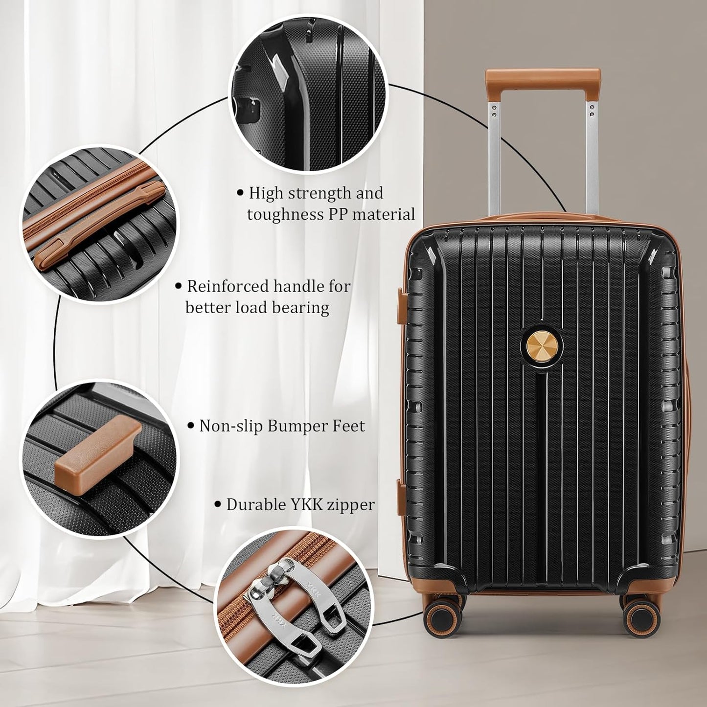 Joyway Luggage Sets 2 Piece PP Hardshell Carry on Suitcase and Checked Luggage, Travel Lightweight Suitcase Set with Double Spinner Wheels and TSA Lock (Black Brown, 20+28 inch)