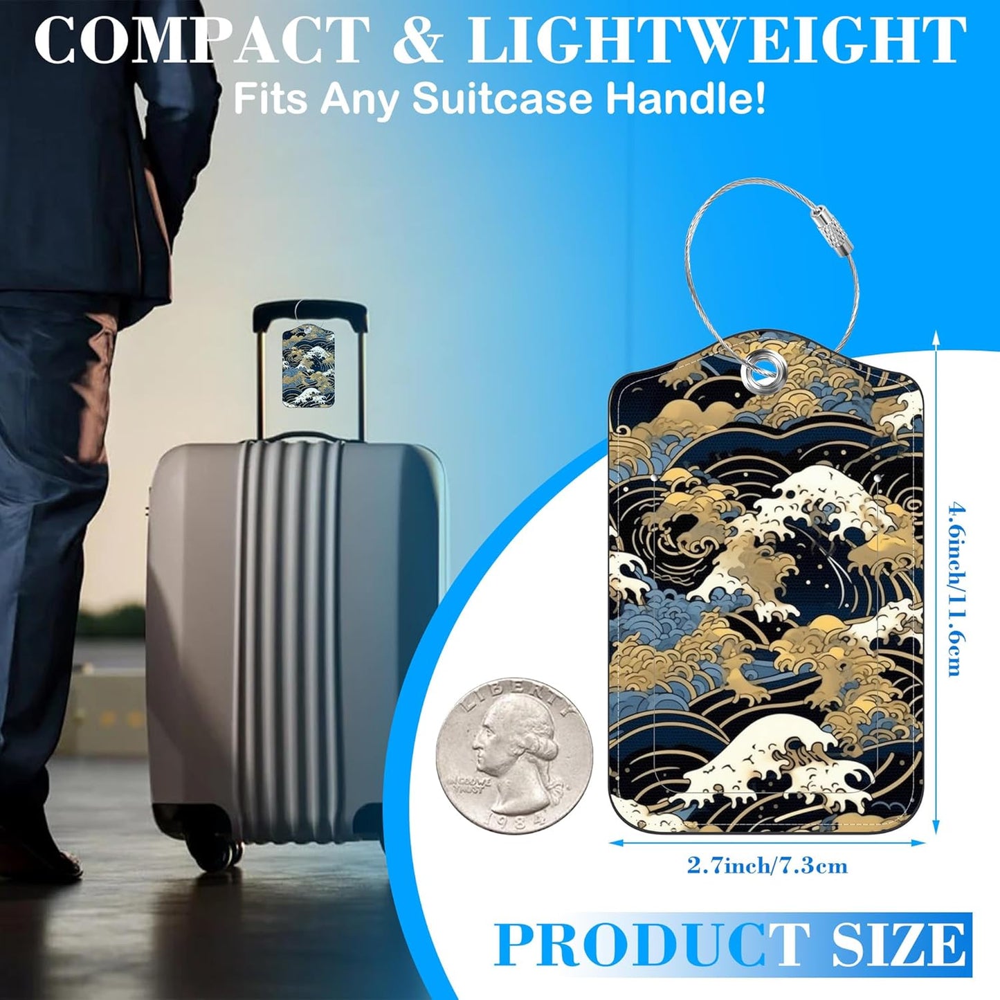 2 Pcs Luggage Tags for Suitcases, Japanese Art Blue and White Waves Leather Bag Tags for Luggage Privacy Cover Name ID Label with Stainless Steel Loop Cruise Airport Travel Essentials