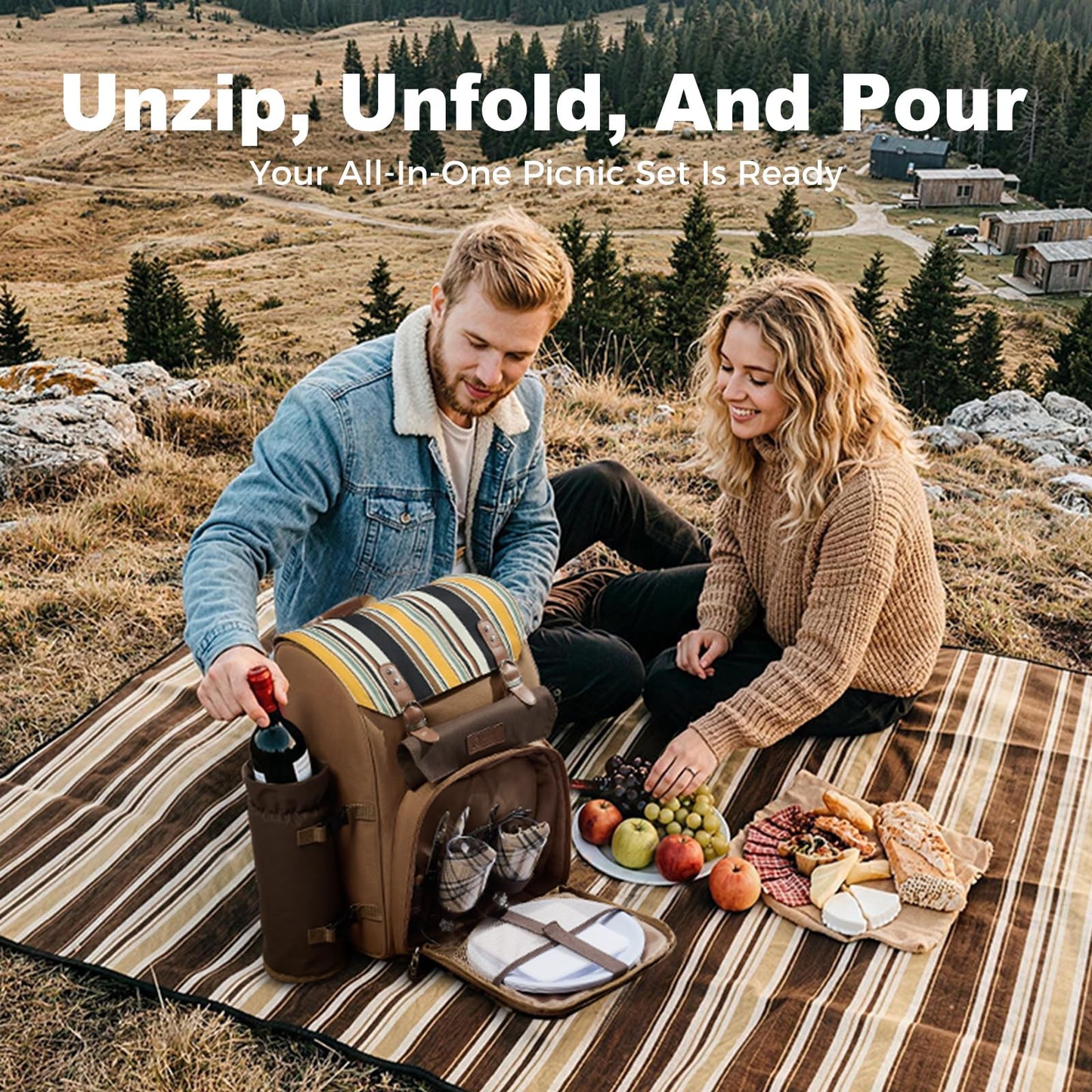 Picnic Backpack, 2-Person Set with Blanket and Wine Holder, Gray(Caramel Brown)