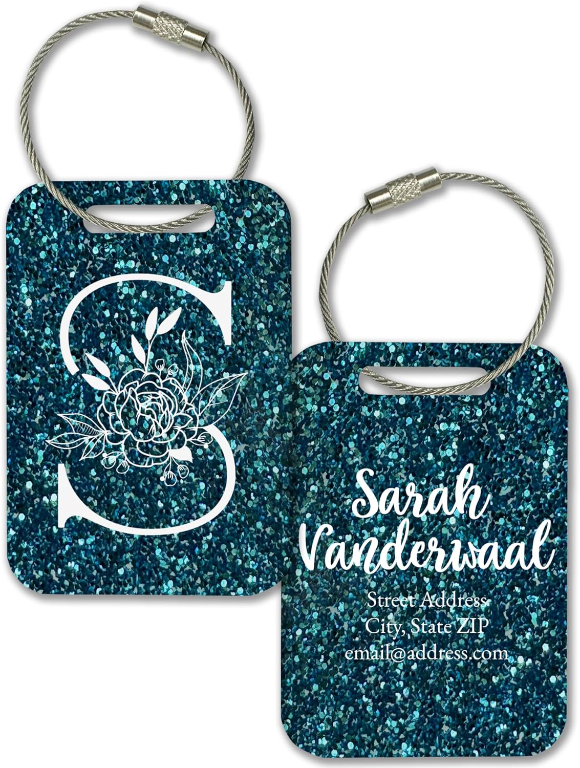 Personalized Monogram Name Tag for Luggage (3 or 6 Count Pack) | Custom Tag for Suitcase | Acrylic Name Tag for Travel | Choose Your Font & Color | Backpack ID Label (Monogram, Teal Glitter)