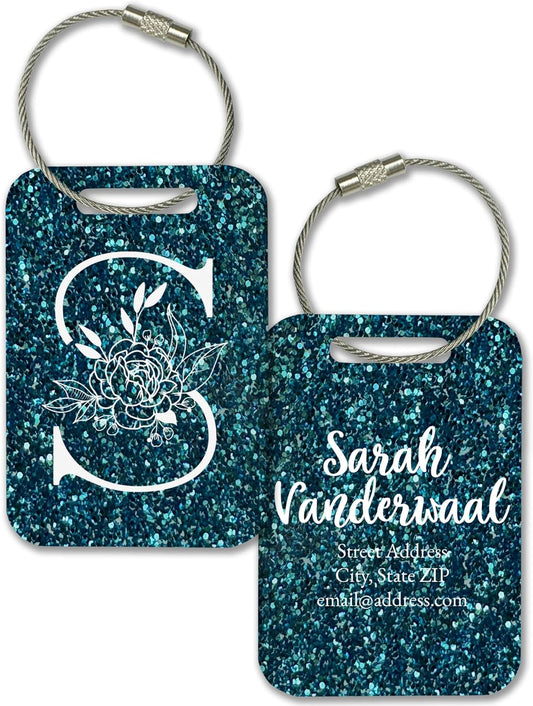 Personalized Monogram Name Tag for Luggage (3 or 6 Count Pack) | Custom Tag for Suitcase | Acrylic Name Tag for Travel | Choose Your Font & Color | Backpack ID Label (Monogram, Teal Glitter)