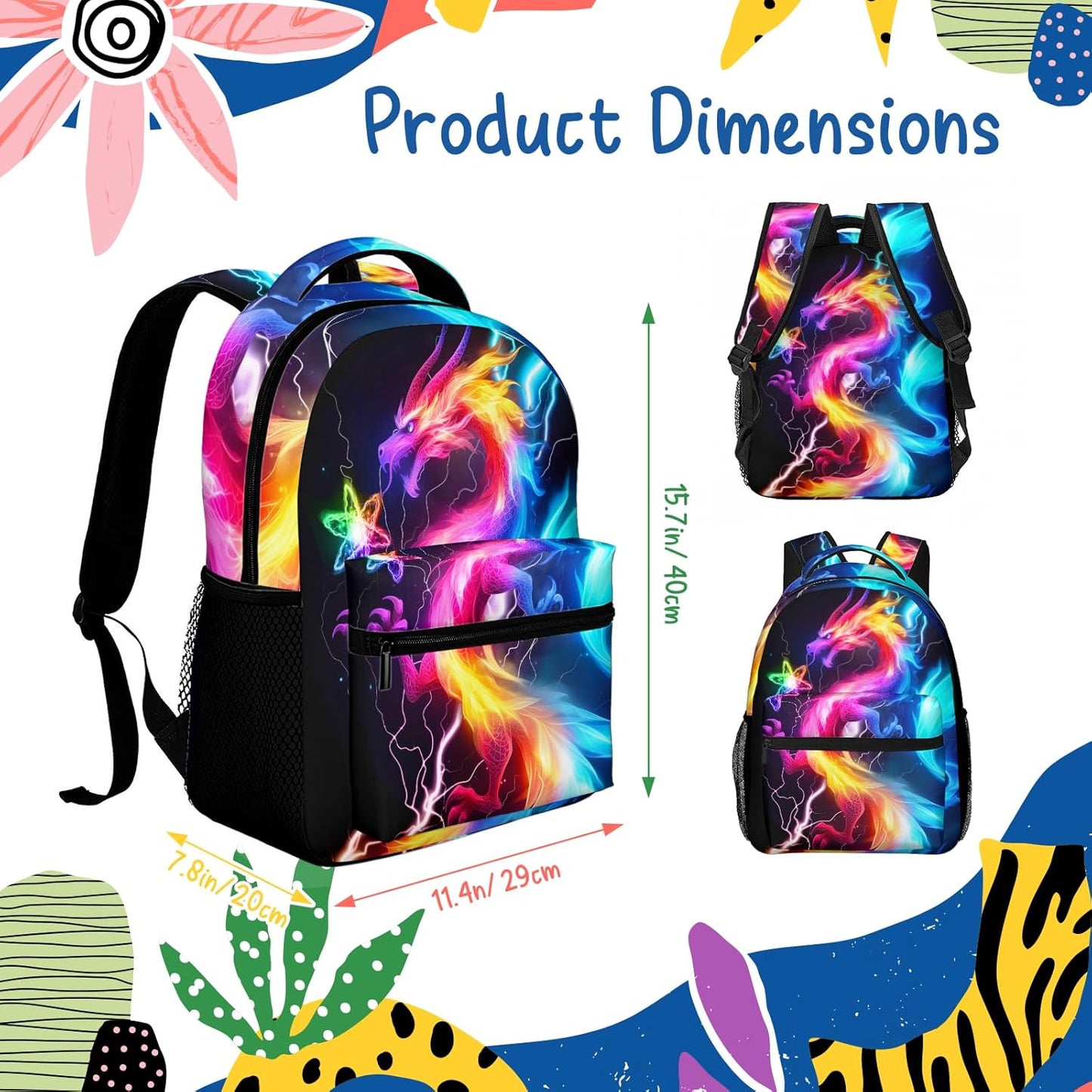Colorful Dragon Kids Backpack For Boys Girls Elementary Schoolbag Kindergarten Bookbags Preschool Toddler Book Bags Travel Bag Computer Bag Hiking Camping Rucksack Daypack For Back To School Gifts