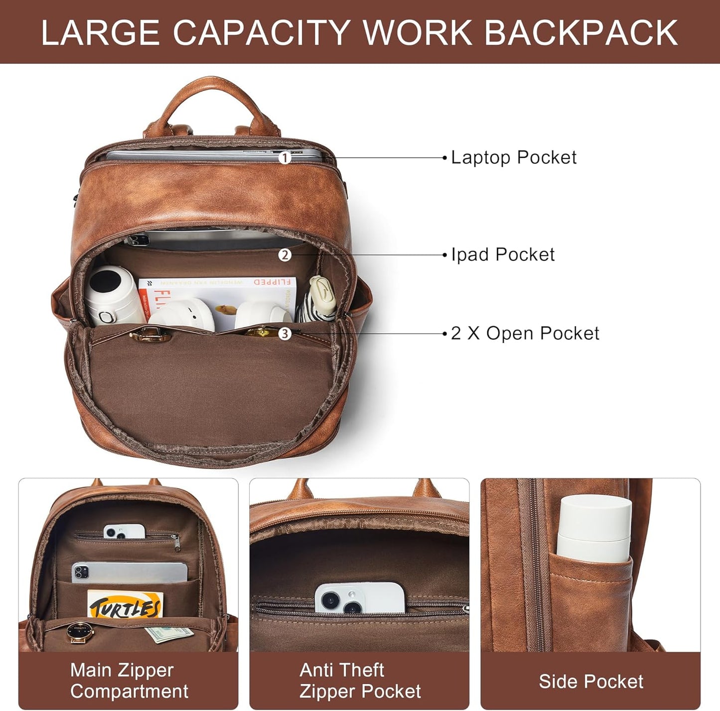 Leather Laptop Backpack for Women, Featuring a 15.6" Padded Laptop Compartment, Water Bottle Pocket and Trolley Sleeve, Ideal for Work, Travel, Everyday Use, and as a Thoughtful Gift