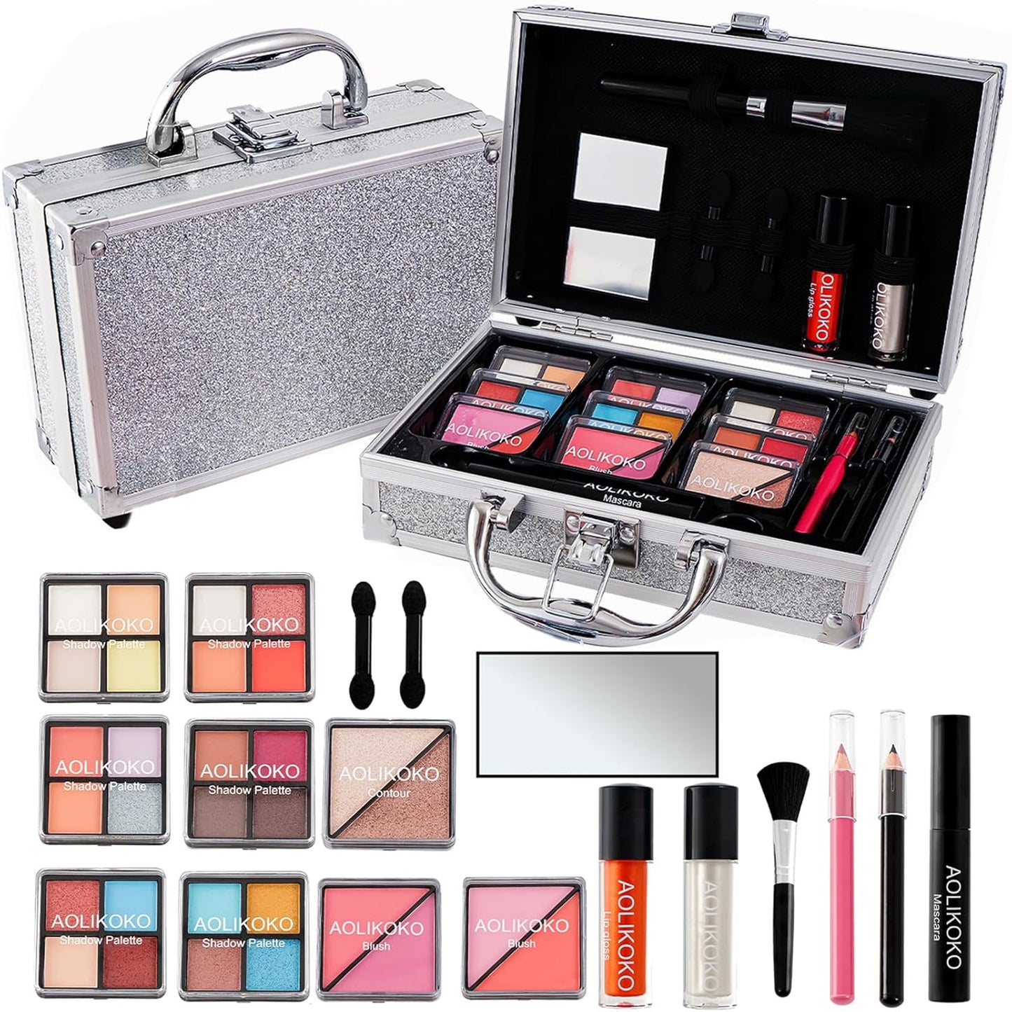 Makeup Kit for Teenager & Women Full Kit, All in One Makeup Set With The Small Cosmetic Train Case, Professional Makeup Kit, Makeup Gift Set for Women Girls (silver)