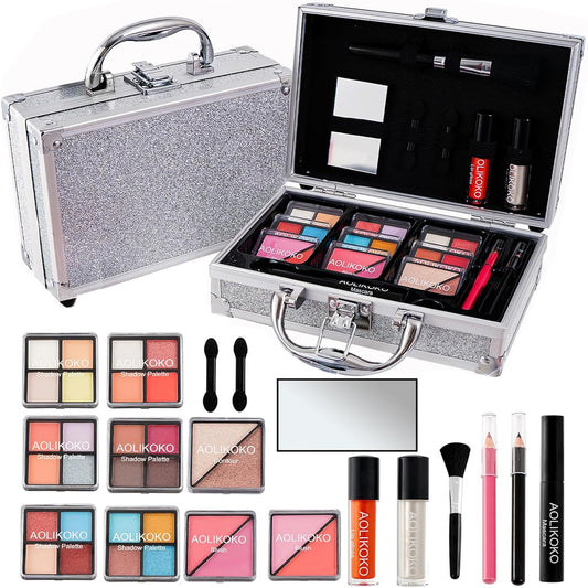 Makeup Kit for Teenager & Women Full Kit, All in One Makeup Set With The Small Cosmetic Train Case, Professional Makeup Kit, Makeup Gift Set for Women Girls (silver)