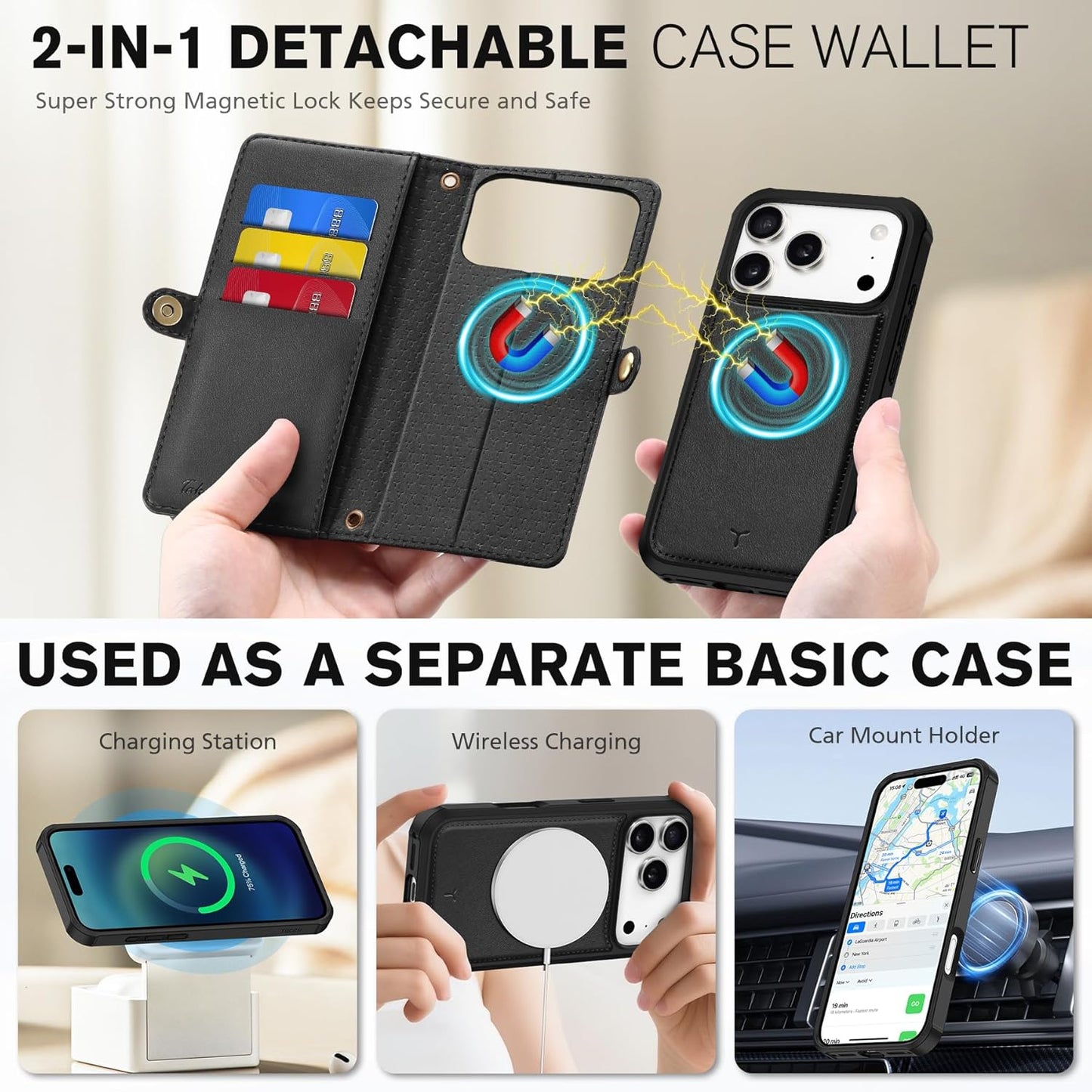 TUCCH Crossbody Detachable Wallet Case for iPhone 17 Pro 6.3" 2025, 9 Card Slots RFID Blocking | Wireless Charging | Wrist Strap | Lanyard | Stand | Zipper Pocket | PU Leather Shockproof Cover | Black