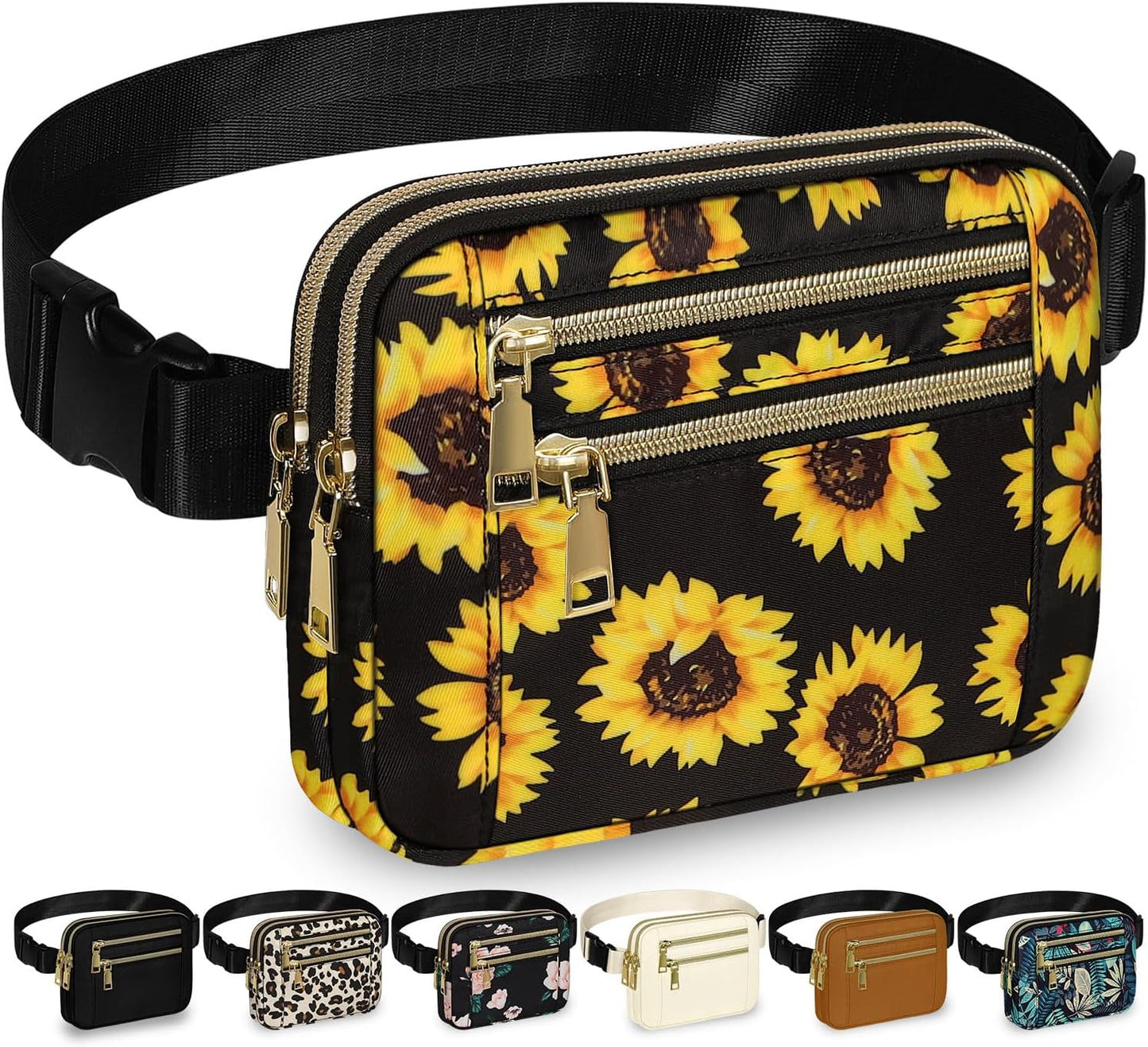 Capolo Fanny Packs for Women Fashion Waist Packs Bag with Adjustable Strap and 4 Zipper Pockets Waterproof Everywhere Crossbody Belt Bag for Workout Running Travelling(Sunflower, Large)