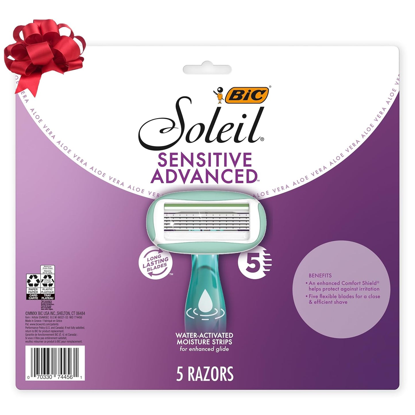 BIC Soleil 5 Sensitive Women's Disposable with 5 Blade Razors, Moisture Strip and Pivoting Head, 5-Pack, Razor Gift Set