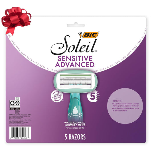 BIC Soleil 5 Sensitive Women's Disposable with 5 Blade Razors, Moisture Strip and Pivoting Head, 5-Pack, Razor Gift Set