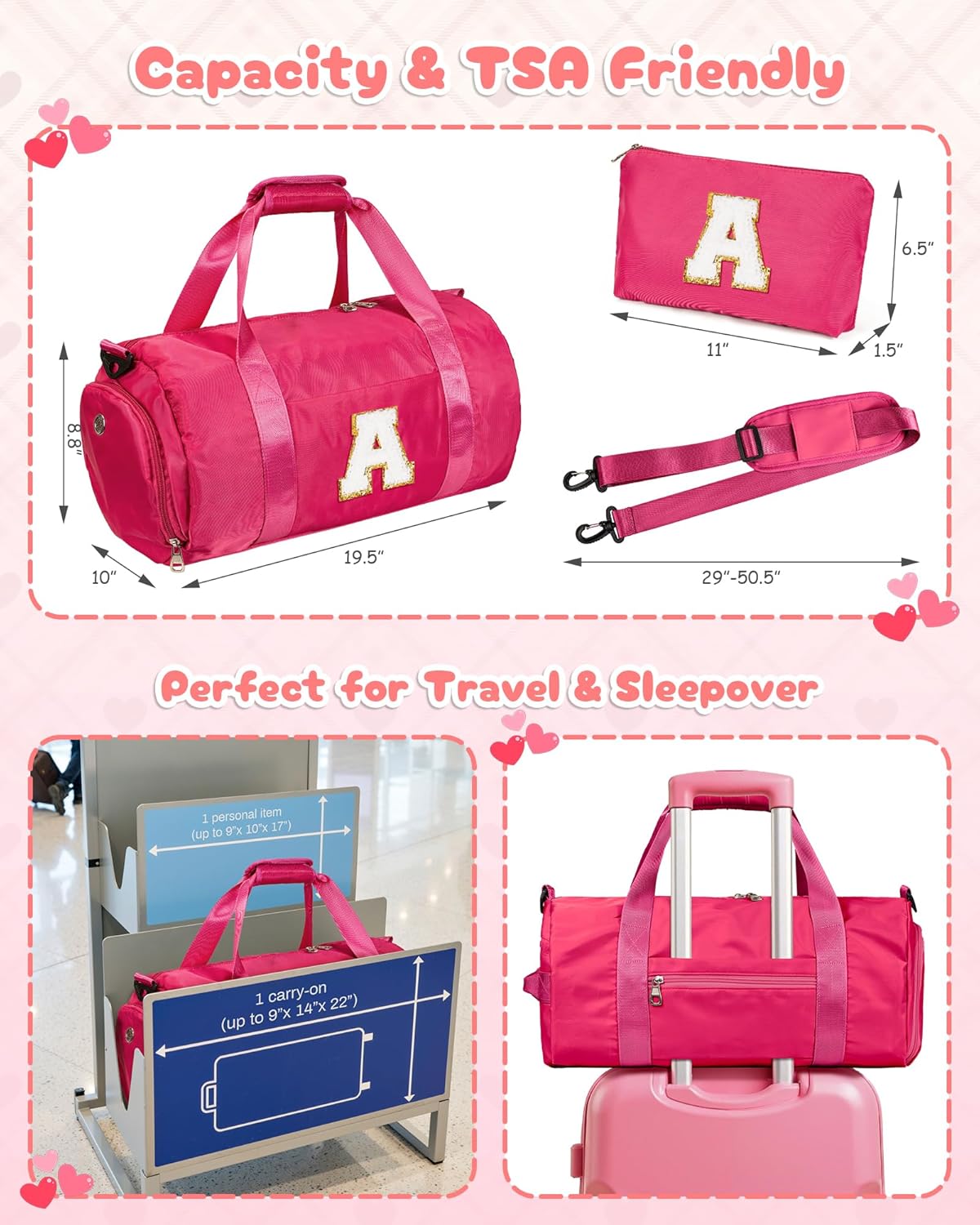 Tween Girl Gifts, Girls Travel Duffel Bag, Kids Initial Overnight Bags with Shoe Compartment, Customized Sport Gym Weekender Bag with Makeup Pouch, 6 Year Old Kid Birthday Gift (Letter N)