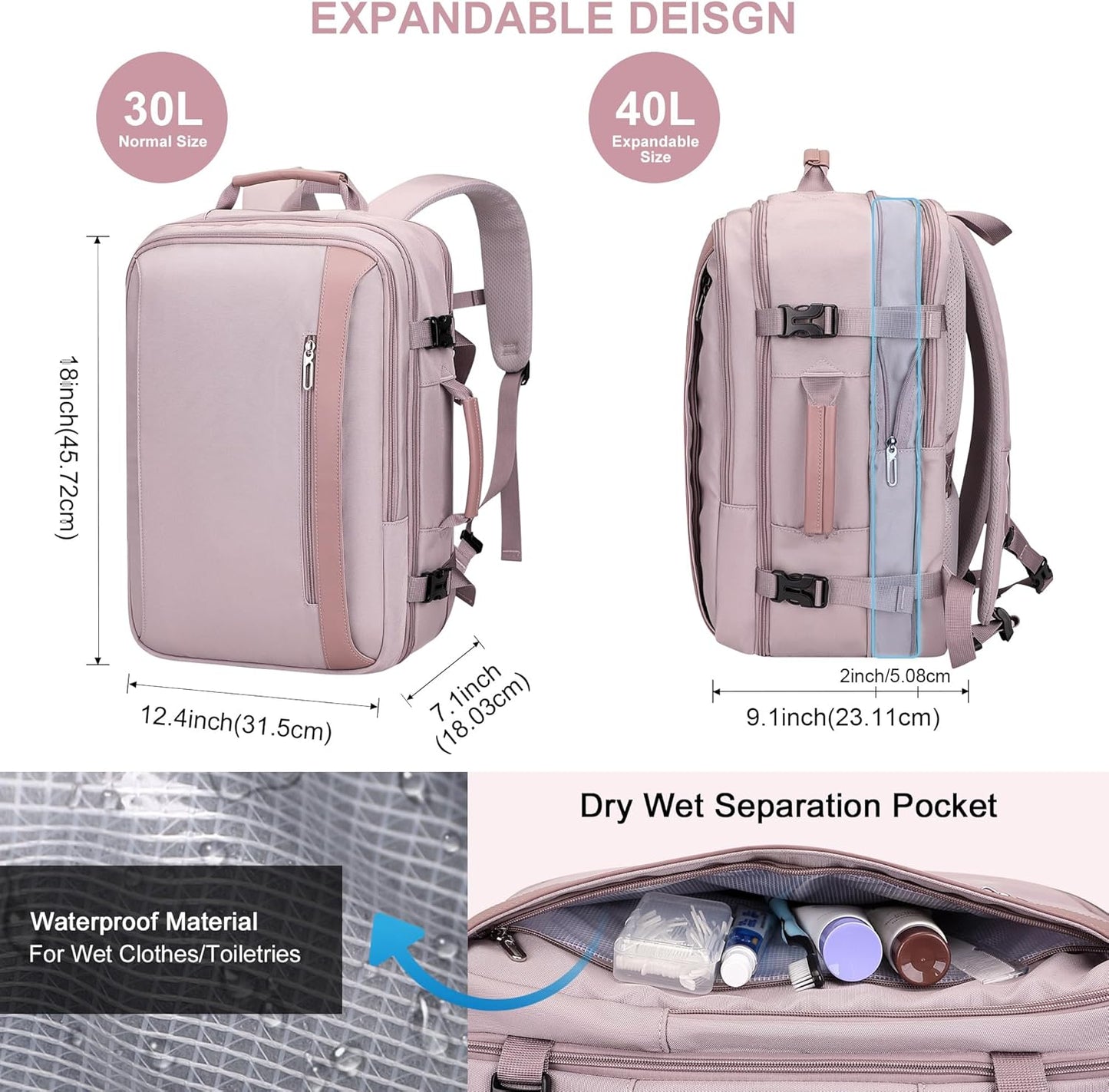PIJUSHI Travel Backpack for Women Expandable Carry on Luggage Backpack Airline Approved Personal Item Laptop Bag(PE034 Light Purple)
