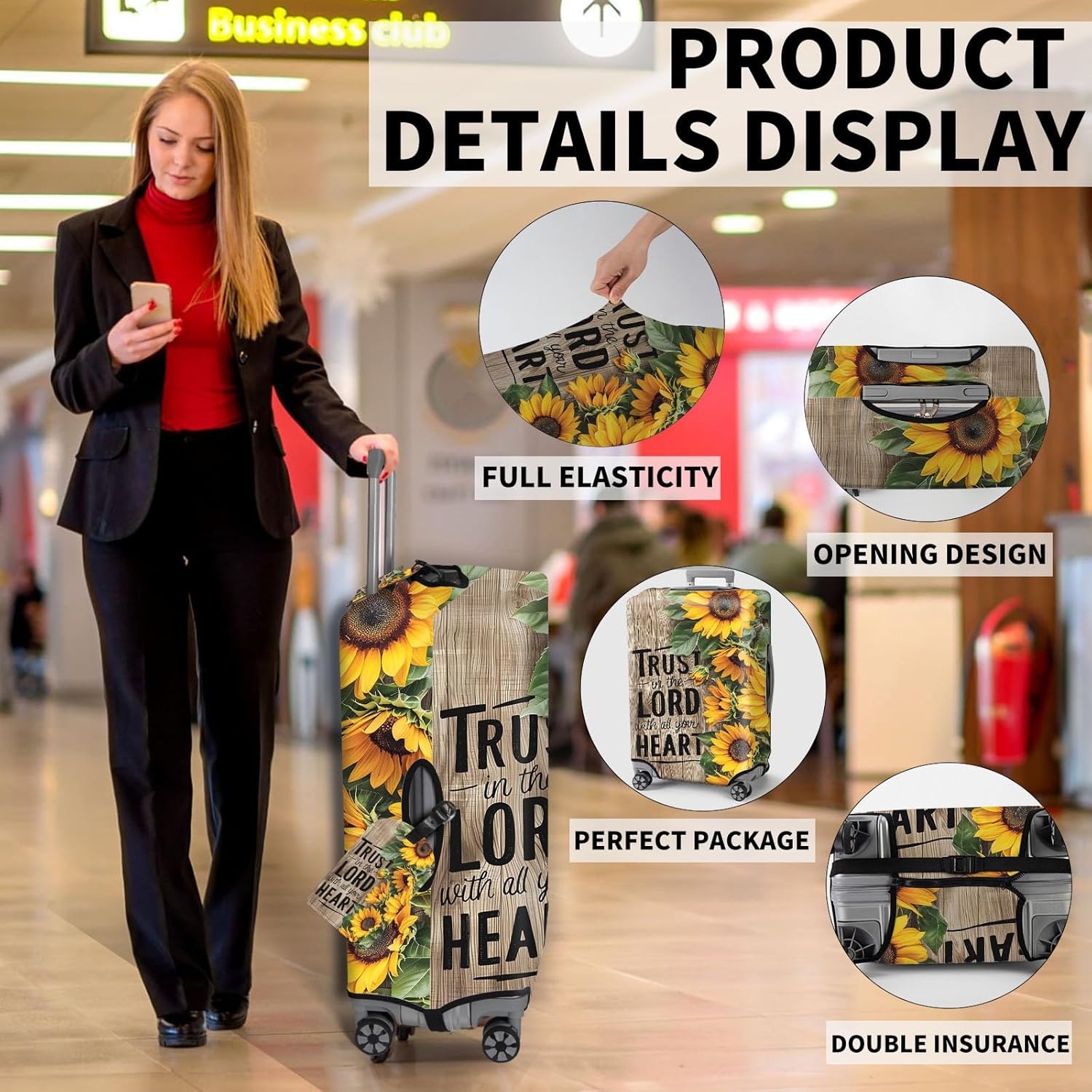 Travel Luggage Cover,Inspirational Sunflower Theme Suitcase Cover Accessory Kit, Luggage Tag, and