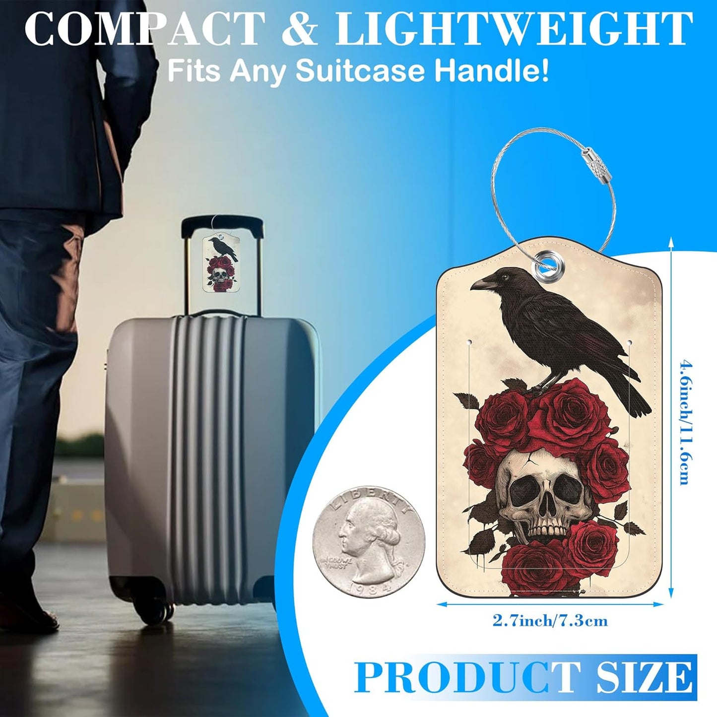 2 Pack Raven on Rose Skull Luggage Tags PU Leather Suitcase Tags with Stainless Steel Loop Privacy Cover ID Label for Women Men Travel Bag Accessories