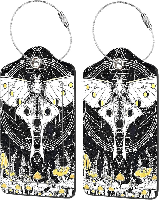 2 Pack Luggage Tag for Suitcase,Beautiful Creative Butterfly and Mushroom PU Leather Suitcase Tags Identifiers with Privacy Name Address Labels and Durable Steel Loop for Women Men Travel