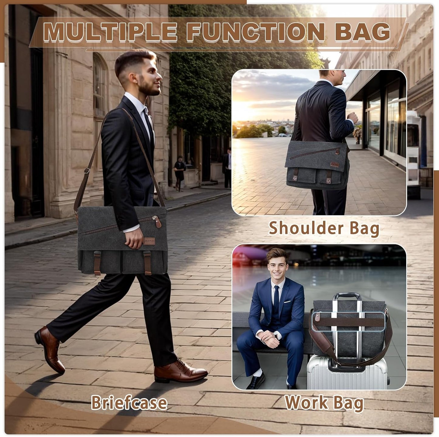 Messenger Bag for Men,Water Resistant Canvas Satchel 14 15.6 17 Inch Laptop Briefcases Business Shoulder Bag by RAVUO