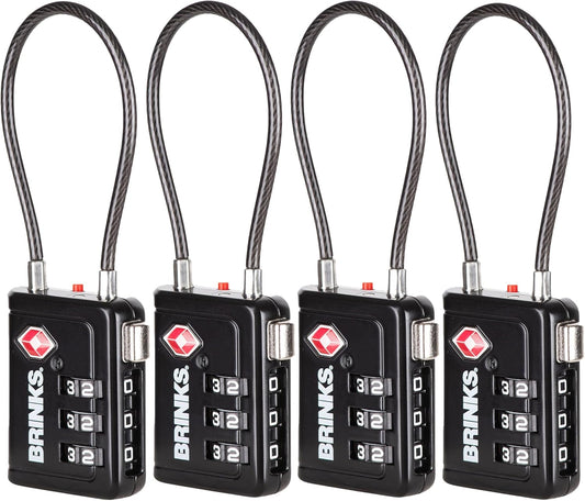 Brinks TSA Accepted Indicator Luggage Lock, Black - Resettable 3-Dial Combination, 2.5 inch Long Cable Shackle, New More Secure TSA008 Key, 4 Pack