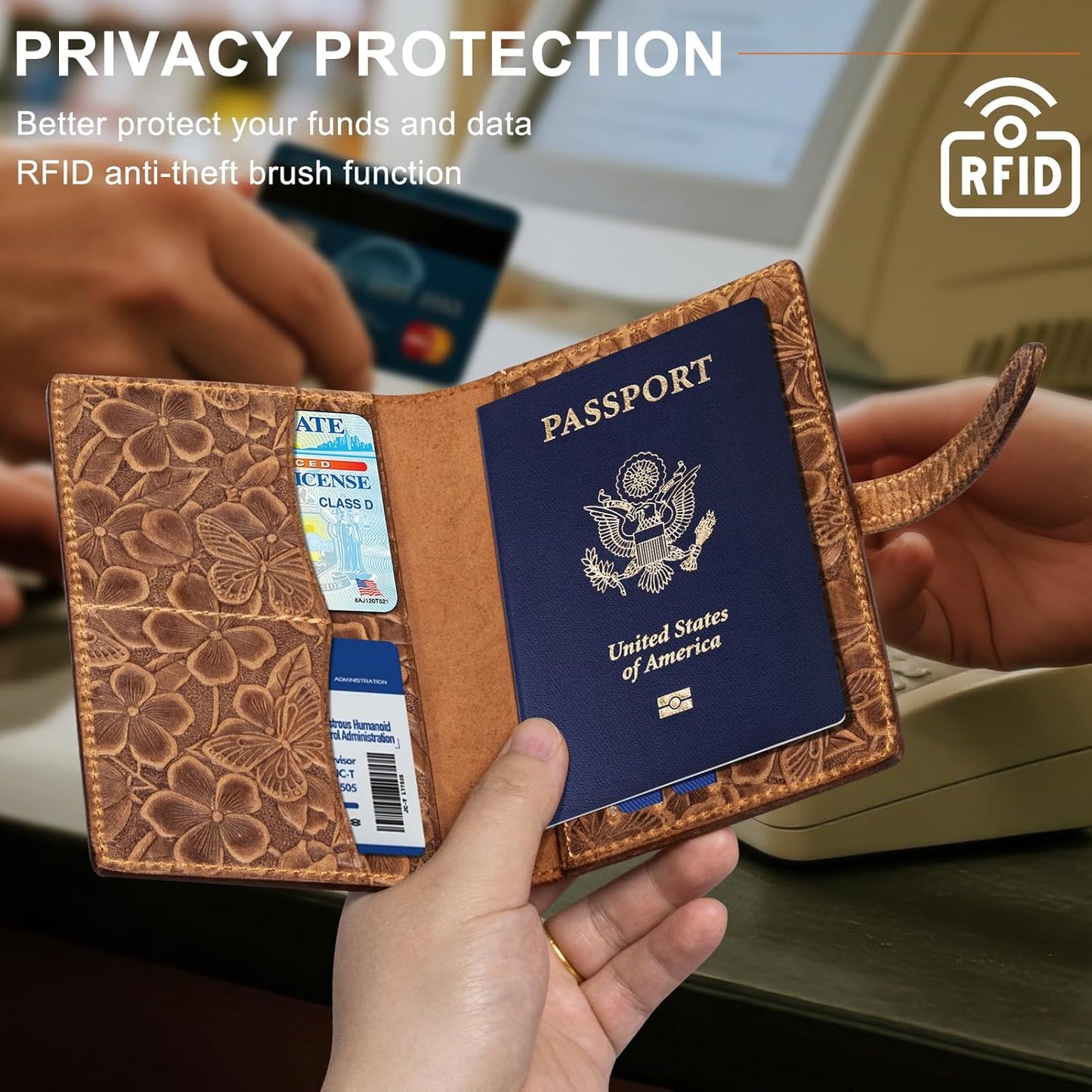 Genuine Leather Passport Holder for Women Men - RFID Blocking Slim Travel Wallet，Brown