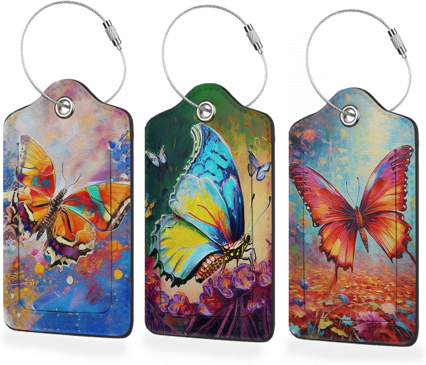 3 Pack Luggage Tag for Suitcase,Butterfly Leather Luggage Tag with Privacy Flap,Name ID Label and Metal Loop for Women Men Travel/Cruise Ships/Shipping/Mailing