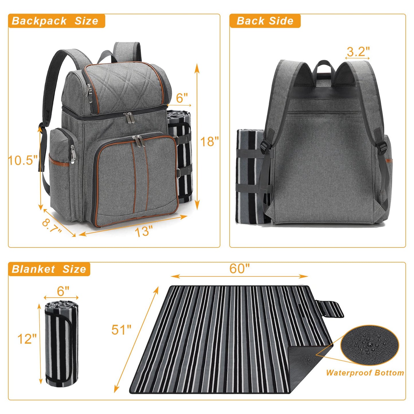 Picnic Backpack for 4, Insulated Cooler Bag with Blanket, Grey