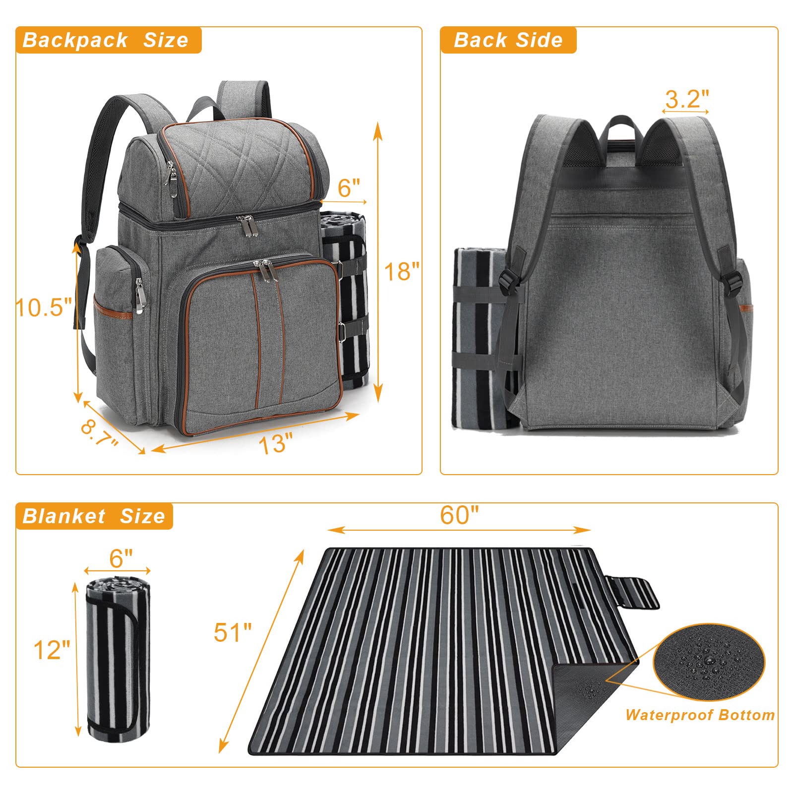 Picnic Backpack for 4, Insulated Cooler Bag with Blanket, Grey