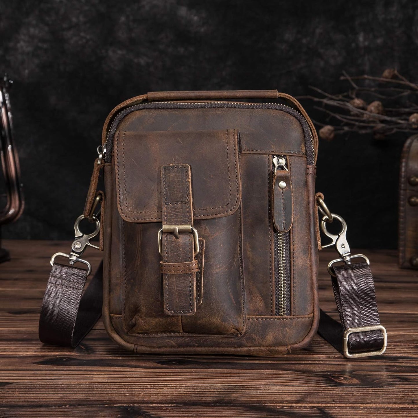 Le'aokuu Men Genuine Quality Leather Casual Small 8" Tablet Messenger Shoulder Satchel Bag 2070