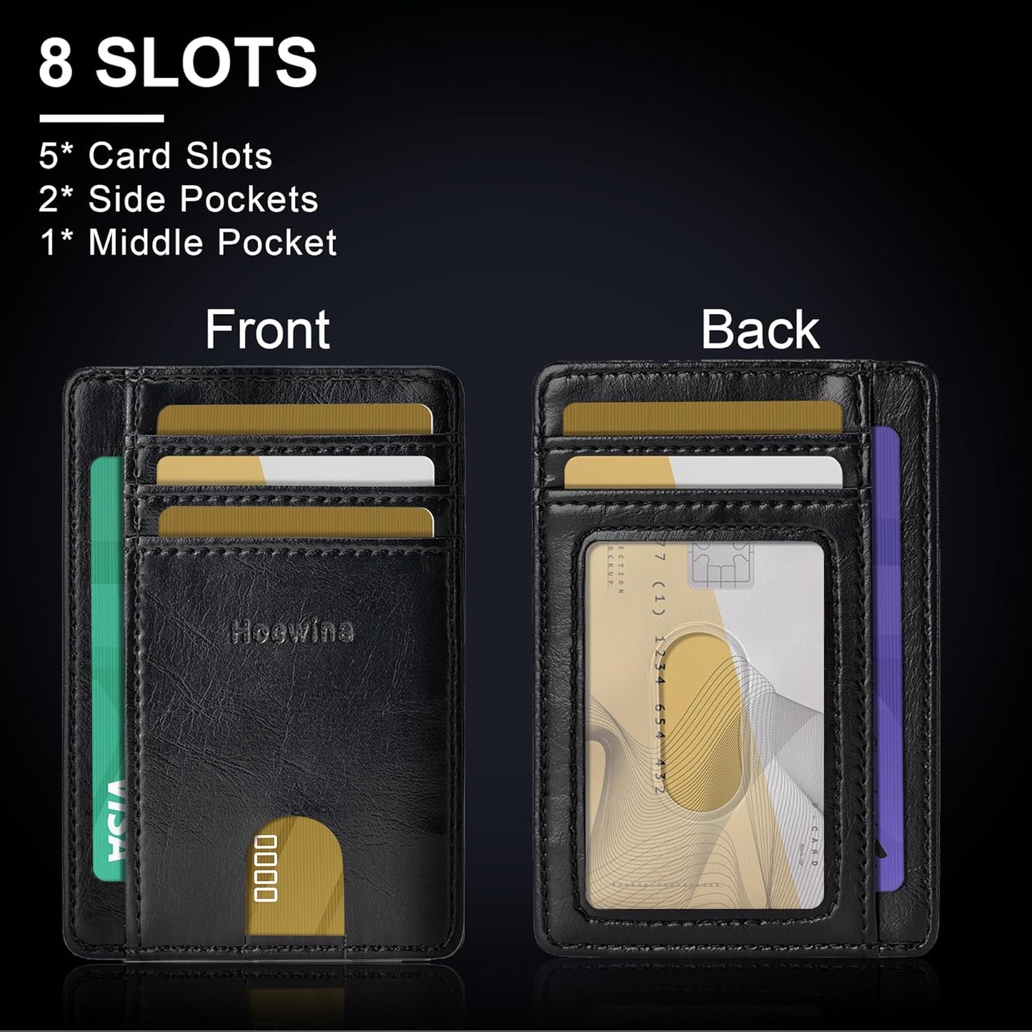 Hoewina Slim Wallet for Men, Credit Card Holder Wallet, Minimalist Design - RFID Blocking Front Pocket Leather Thin Wallet for Men and Women(Black)