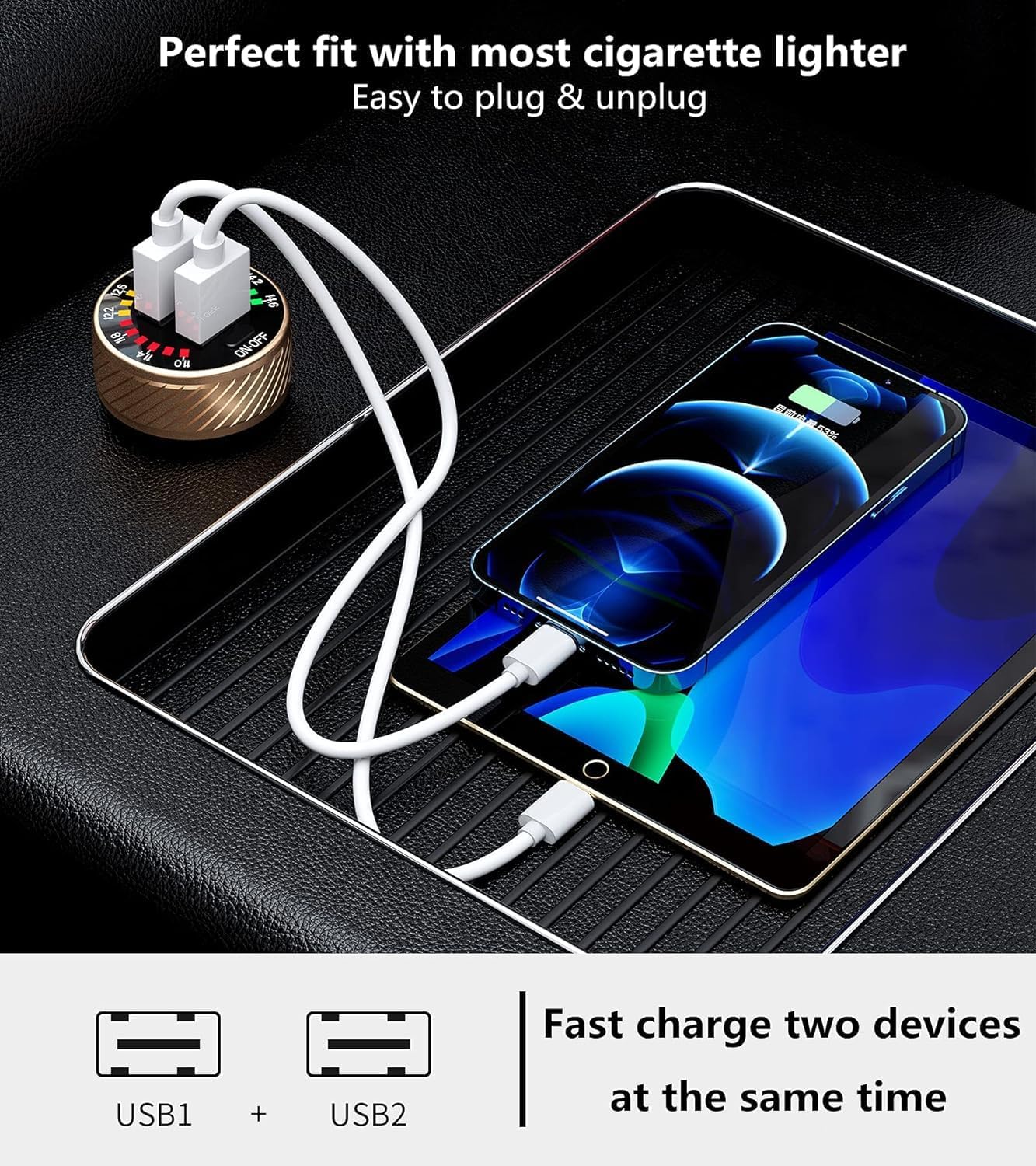 KEWIG Car Charger, 36W Fast Car Charger Adapter, Dual USB Car Fast Charge with Colorful Voltmeter & ON/Off Switch