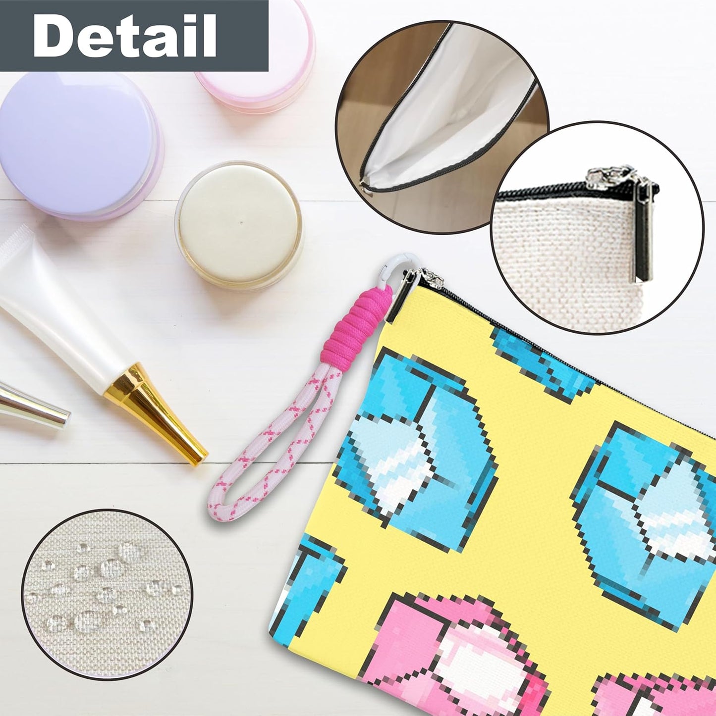 Make Up Bag For Woman, Cosmetic Bag With Hand Strap - Pixel Diamonds - Lined Toiletry Bag For Woman - Travel Pouch, Cute Organizer With Zipper, Women Essentials & Accessories - A12