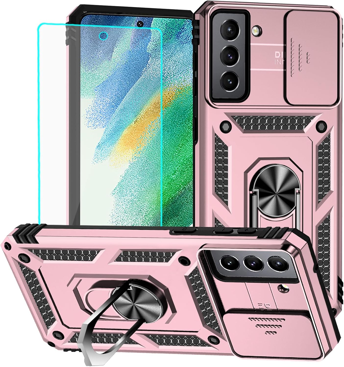 for Samsung S21 FE Case with Screen Protector: [Military Grade 20ft. Drop Tested] Ring Shockproof Protective Phone Case for -Samsung Galaxy S21 FE (Rose Gold)