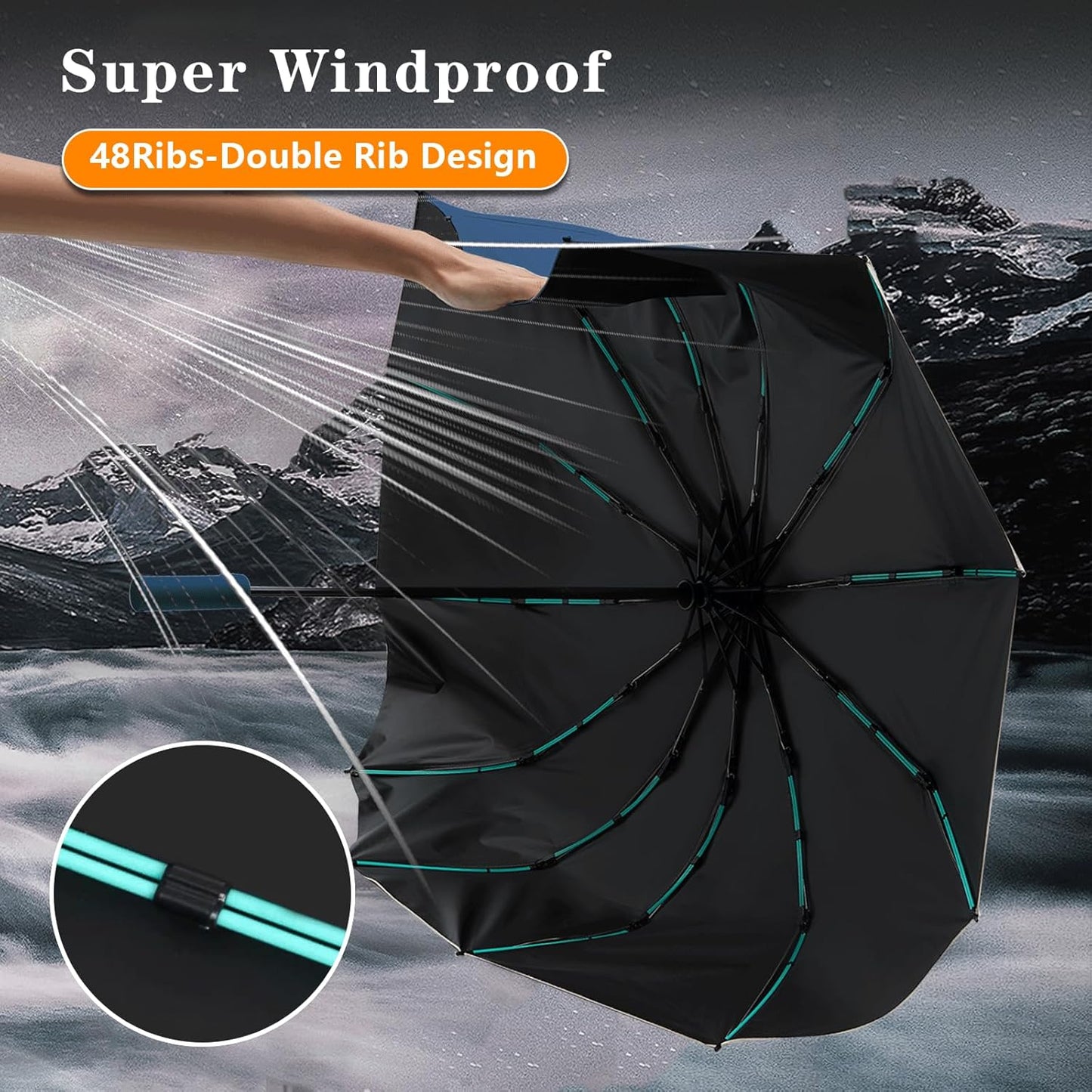 Large Double-Ribs Umbrella Automatic Folding Umbrella for Women Men, Travel, UPF 50+ UV Protection,46-Inch, 12 Ribs, Light Green